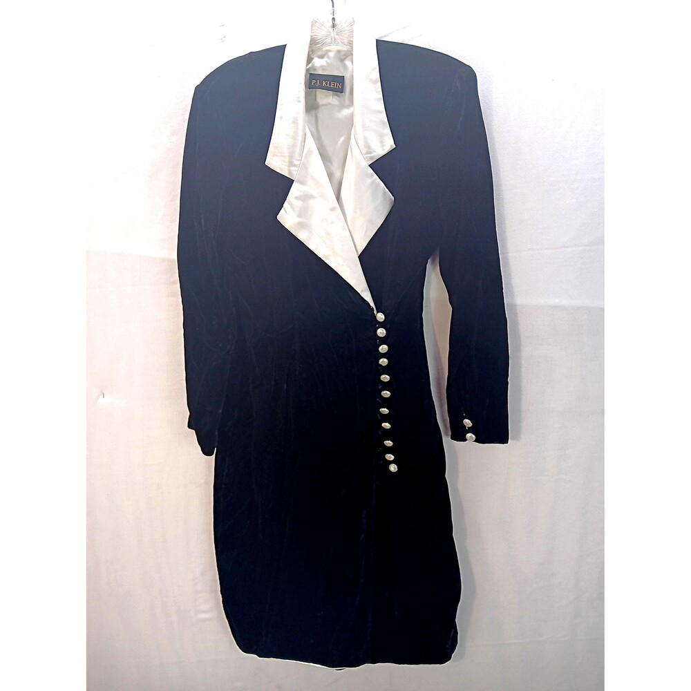 Black rayon velvet and satin suit dress with faux pearl buttons sz Small